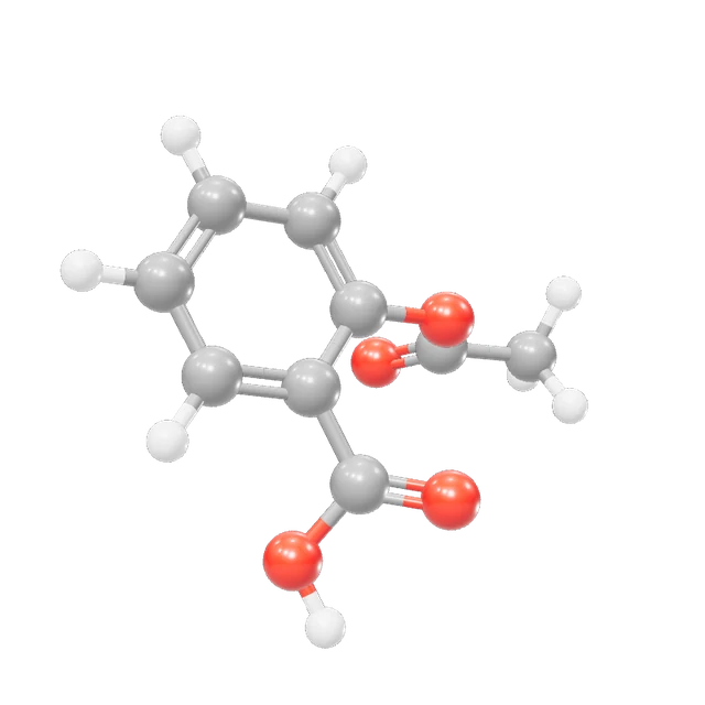Aspirin as a 3D ball-and-stick model in element colours