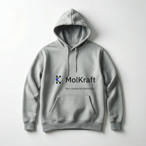 A grey hoodie printed with the MolKraft logo and Your canvas for chemistry