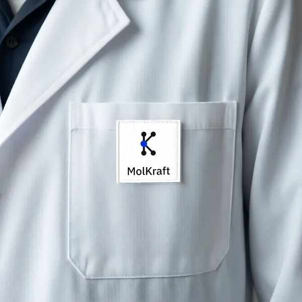 A white lab coat pocket with an embroidered MolKraft logo patch