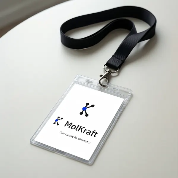 A lanyard badge with the MolKraft logo and Your canvas for chemistry