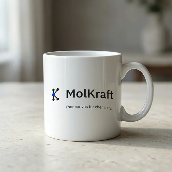 A white mug printed with the MolKraft logo and Your canvas for chemistry