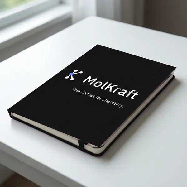 A black hardcover notebook with the MolKraft logo and Your canvas for chemistry in white