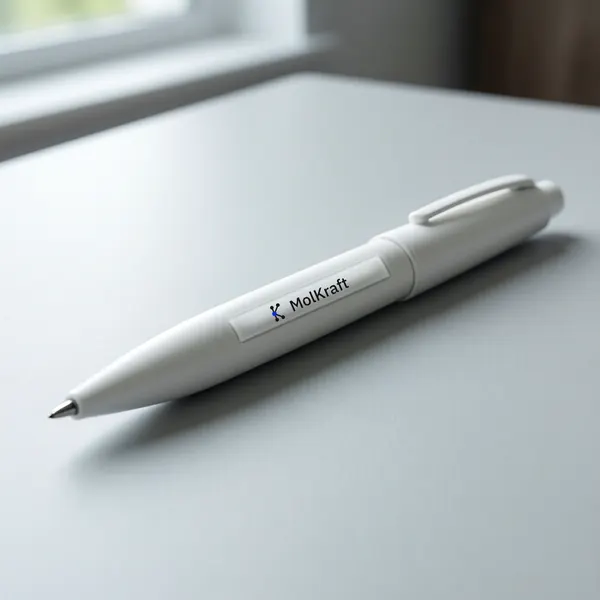 A white pen printed with the MolKraft logo