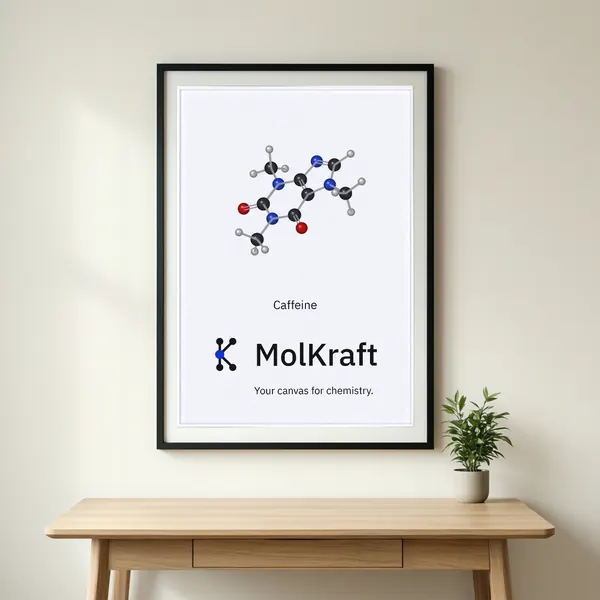 A framed MolKraft poster with a ball-and-stick caffeine molecule, the MolKraft logo and Your canvas for chemistry