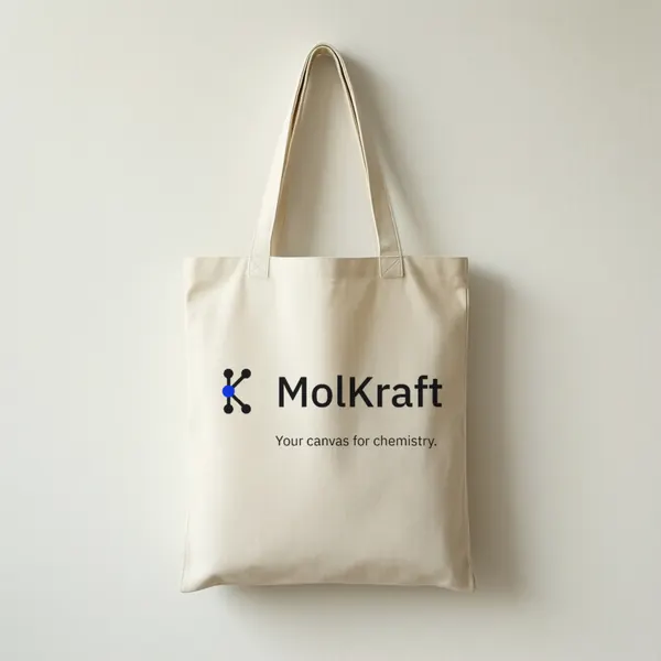 A cream canvas tote bag printed with the MolKraft logo and Your canvas for chemistry