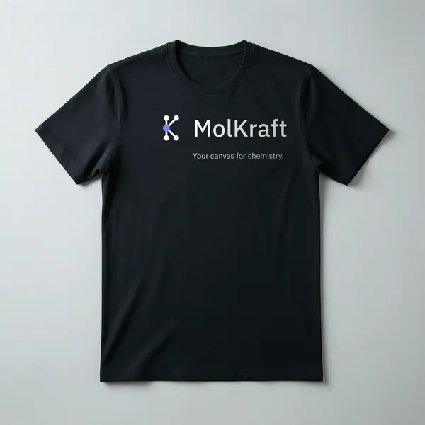 A black t-shirt printed with the MolKraft logo and Your canvas for chemistry
