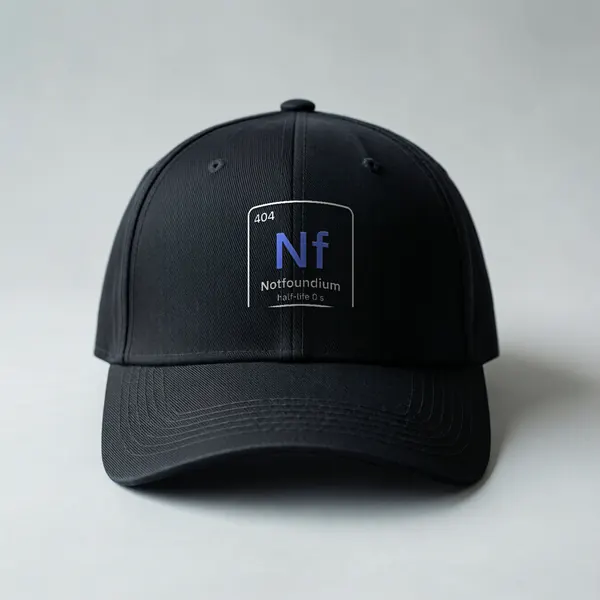 A black cap with the Notfoundium element tile, 404 Nf, embroidered on the front