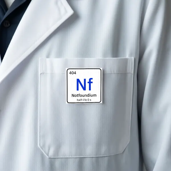 A white lab coat pocket with a Notfoundium element tile patch