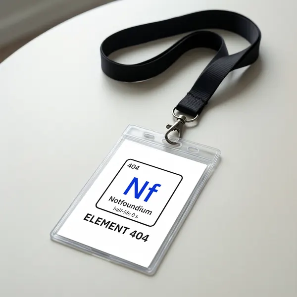 A lanyard badge with the Notfoundium element tile and ELEMENT 404