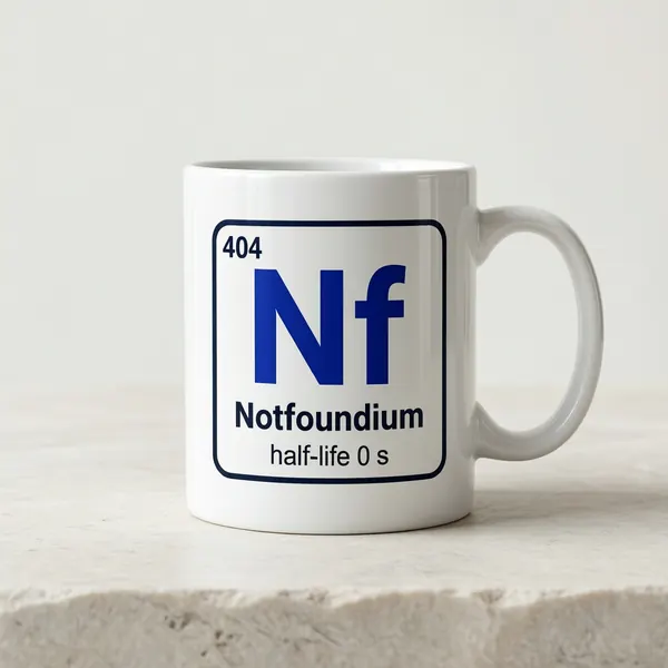 A white ceramic mug printed with the Notfoundium element tile