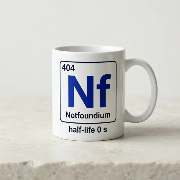 A white ceramic mug printed with the Notfoundium element tile and half-life 0 s