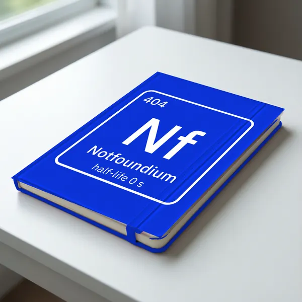 A cobalt blue hardcover notebook with the Notfoundium element tile in white