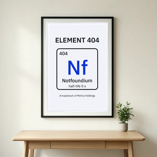 A framed ELEMENT 404 poster with the Notfoundium tile on a wall above a desk