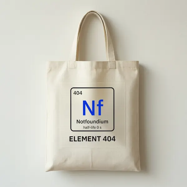 A cream canvas tote bag printed with the Notfoundium element tile and the words ELEMENT 404